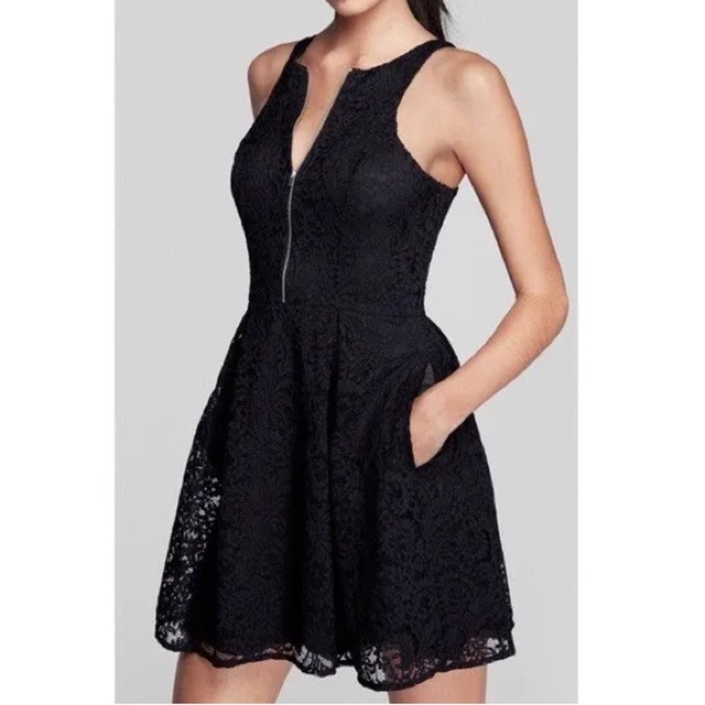 Express Black Lace Zip Front Fit & Flare Dress
